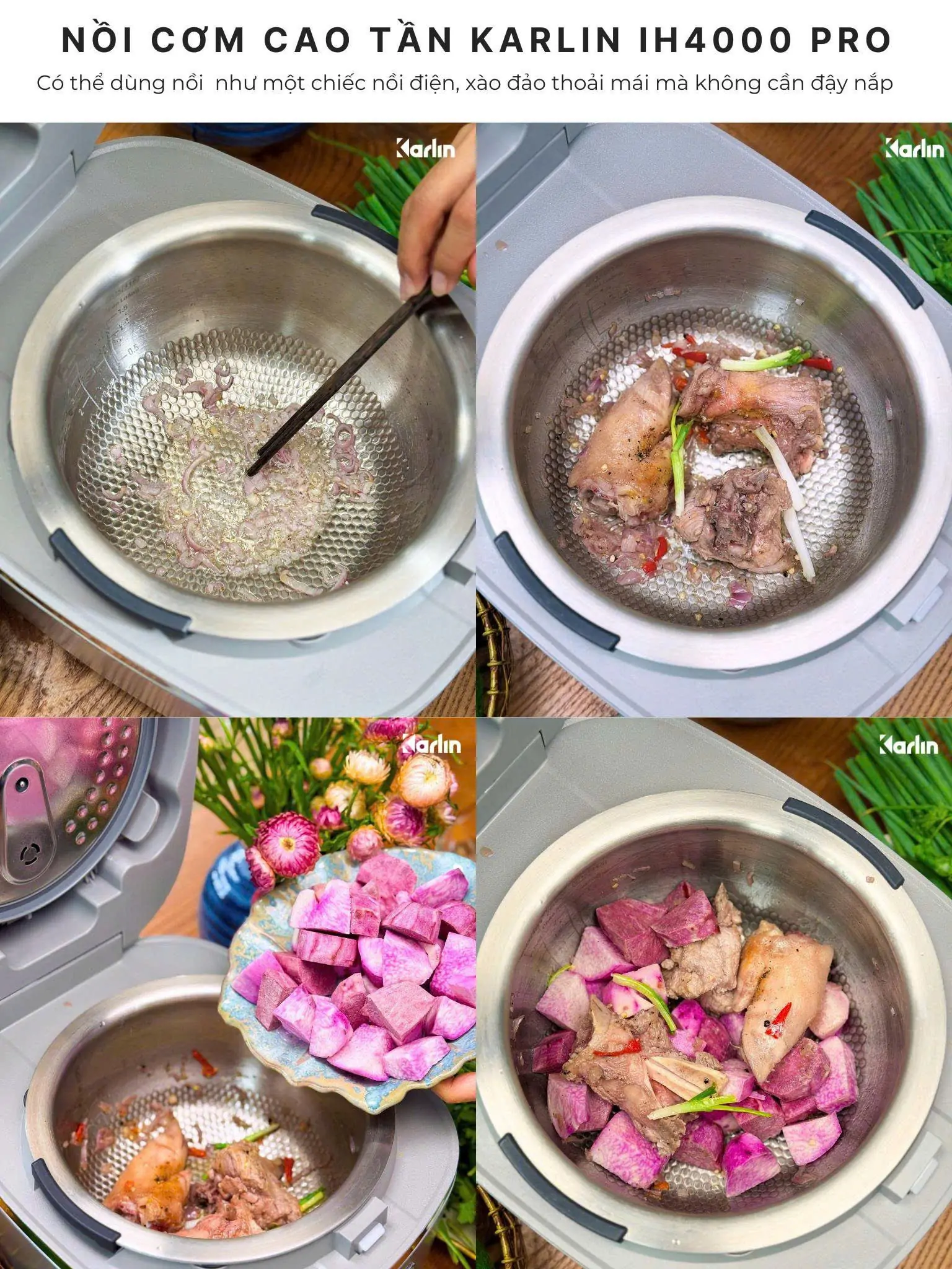 canh xương khoai mỡ nồi cơm điện cao tần karlin